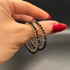 Black and Gold Tone Beaded Hoop Earrings Party Sparkle